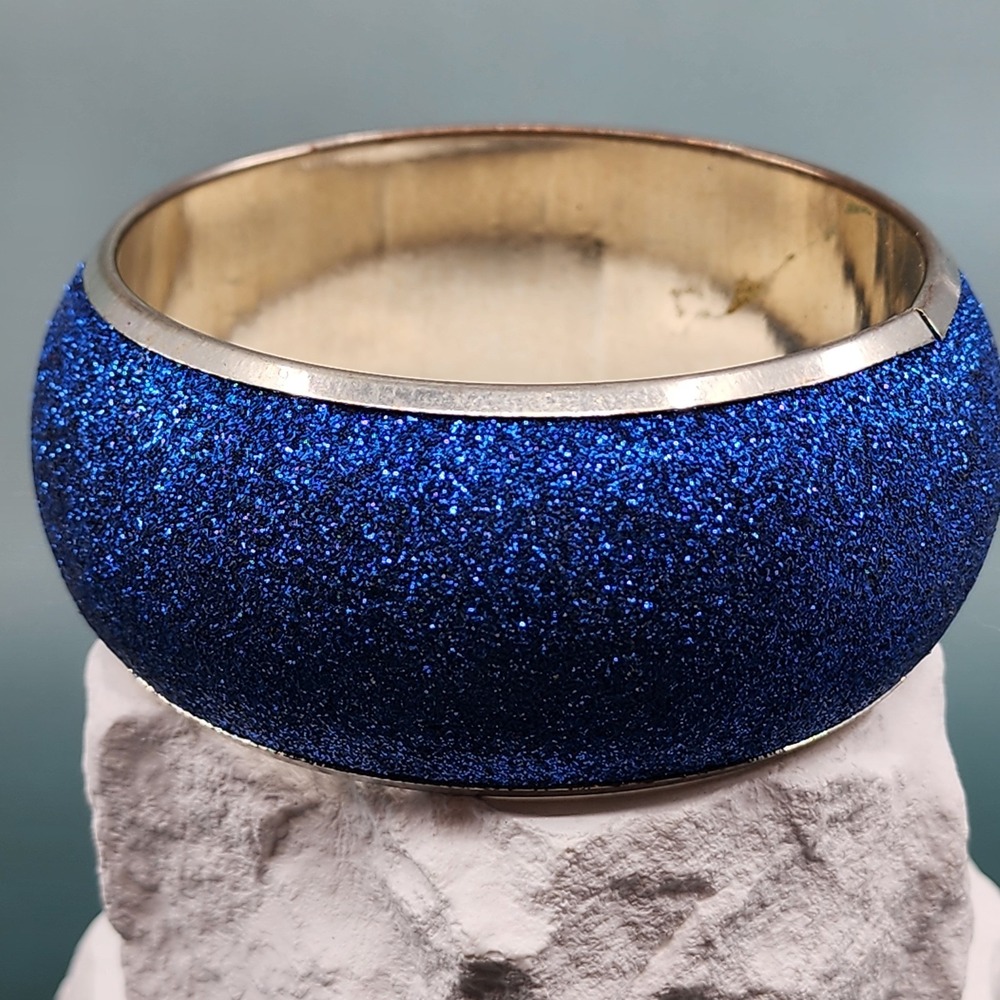 Royal Blue Glitter Wide Bangle Bracelet Metal Chunky Sparkle Statement Glam